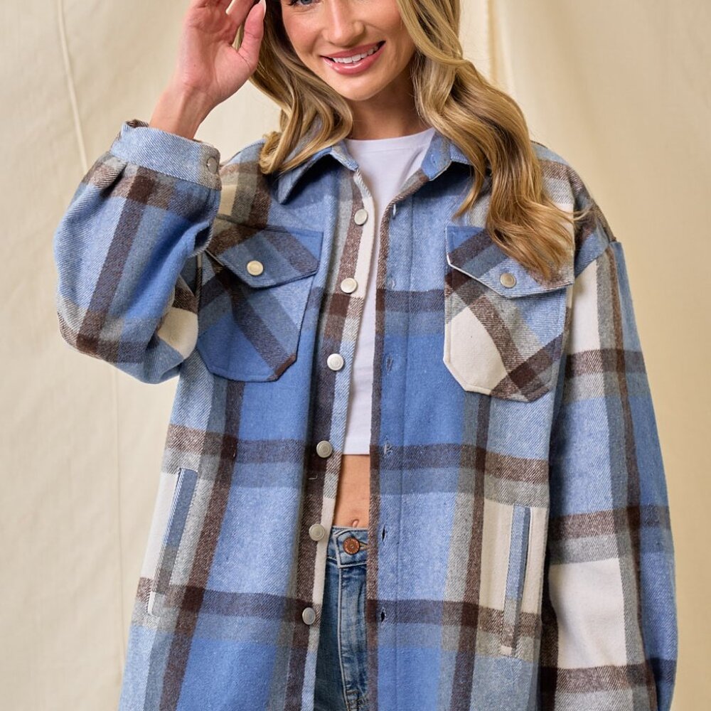 NEW SHACKET FLANNEL PLAID JACKET SHIRT blue/white SM-LG bohemian western wear